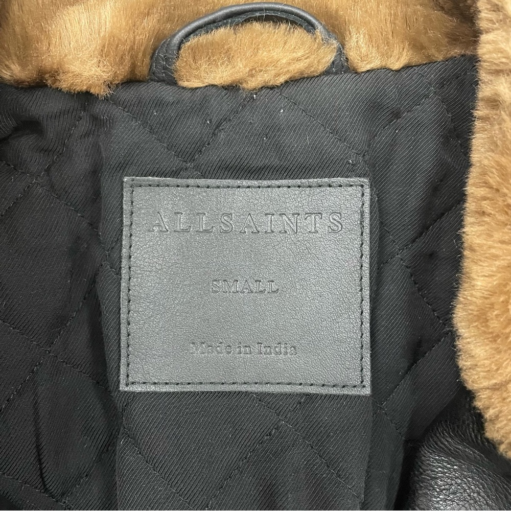 SOLD // All Saints Sherwood Leather Biker Jacket w/ Faux Fur Trim Size Small - Picture 10 of 14